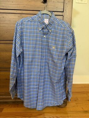 Brooks Brothers Blue & Yellow Plaid Button-Down Cotton Shirt